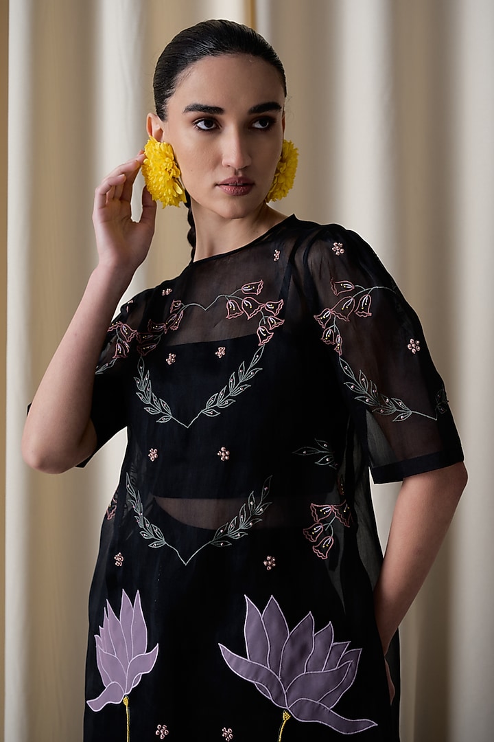 Black Silk Organza Embroidered Co-Ord Set by Love Kiki at Pernia's Pop Up Shop