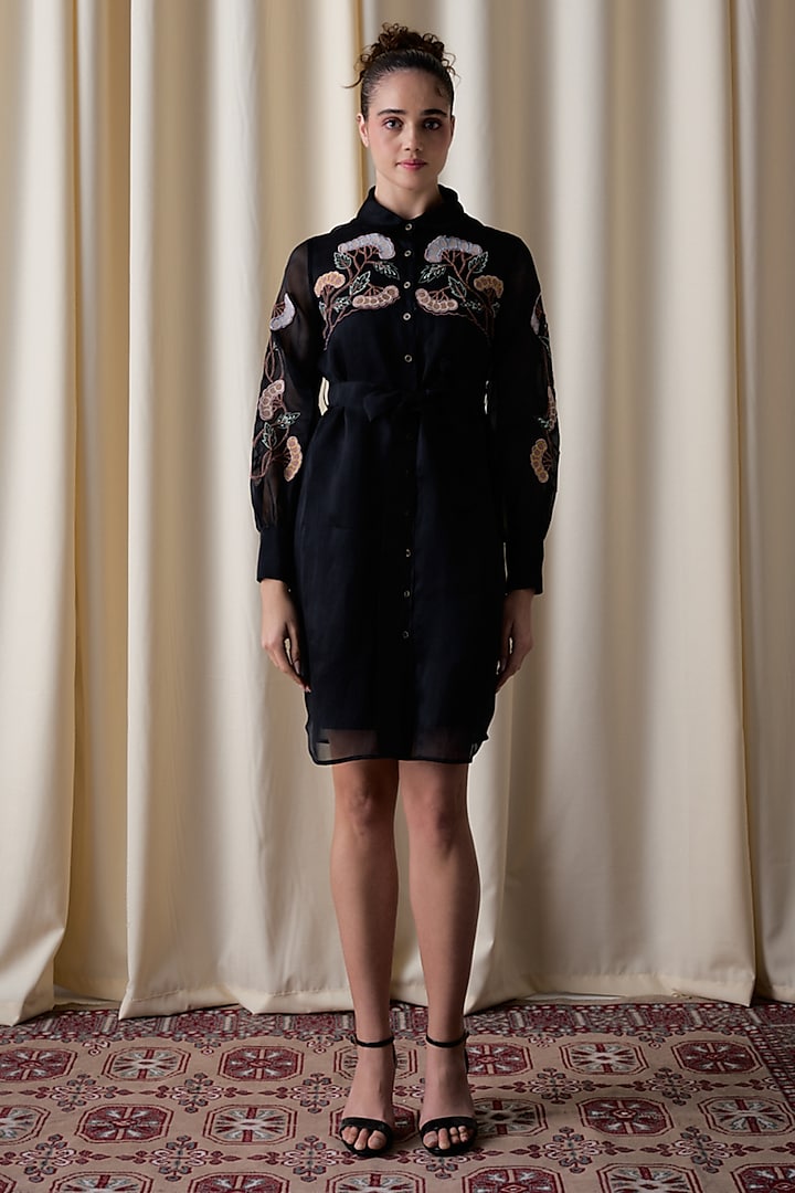 Black Silk Organza Hand & Machine Embroidered Shirt Summer Dress by Love Kiki at Pernia's Pop Up Shop