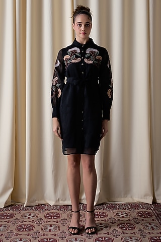 Black Silk Organza Hand & Machine Embroidered Shirt Dress by Love Kiki