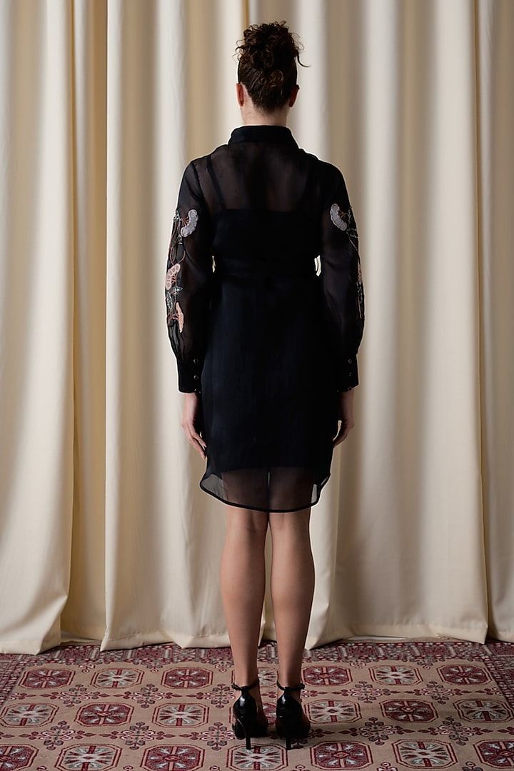 Black Silk Organza Hand & Machine Embroidered Shirt Vacation Dress by Love Kiki at Pernia's Pop Up Shop