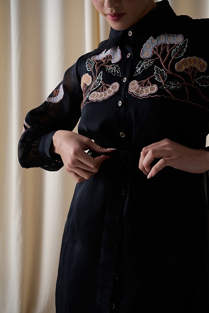 Black Silk Organza Hand & Machine Embroidered Shirt Vacation Dress by Love Kiki at Pernia's Pop Up Shop