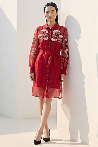 Ruby Red Silk Organza Embroidered Shirt Dress by Love Kiki