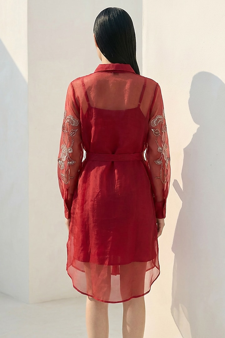 Ruby Red Silk Organza Embroidered Vacation Shirt Dress by Love Kiki at Pernia's Pop Up Shop