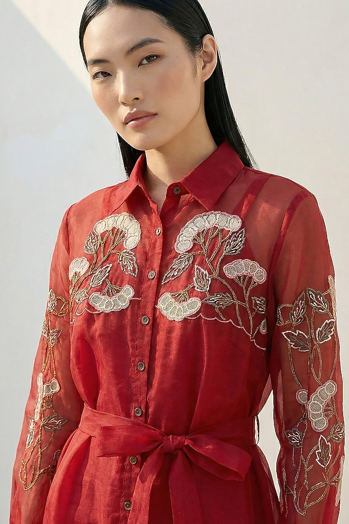 Ruby Red Silk Organza Embroidered Vacation Shirt Dress by Love Kiki at Pernia's Pop Up Shop