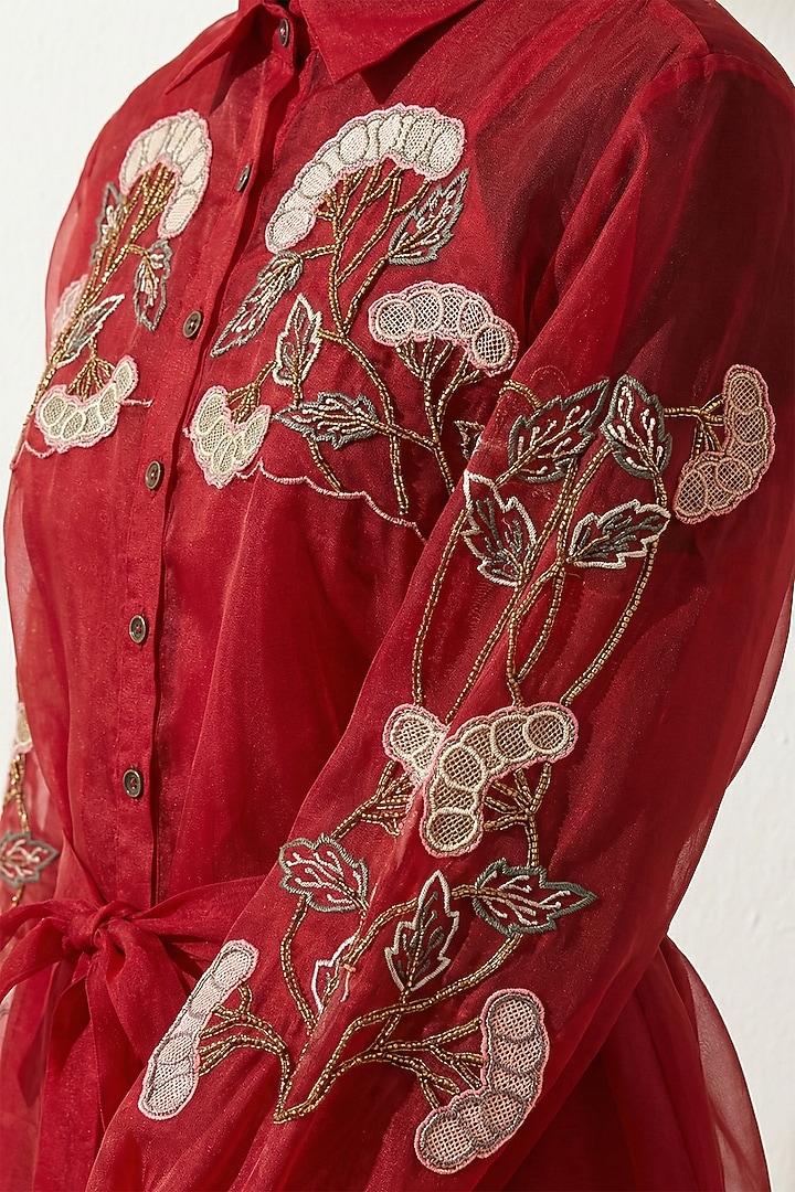 Ruby Red Silk Organza Embroidered Vacation Shirt Dress by Love Kiki at Pernia's Pop Up Shop