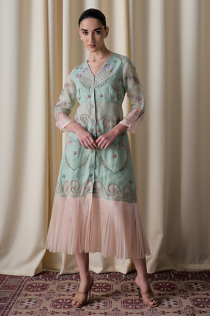 Mint Green Silk Organza Hand Embroidered A-Line Vacation Dress by Love Kiki at Pernia's Pop Up Shop