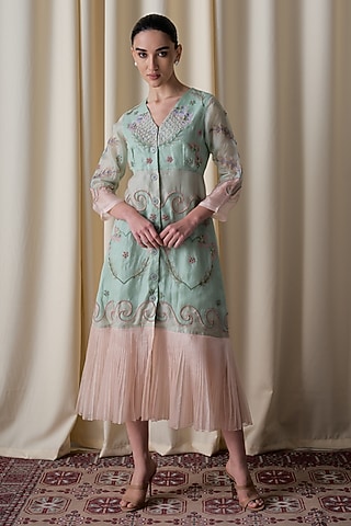 Mint Green Silk Organza Hand Embroidered A-Line Dress by Love Kiki