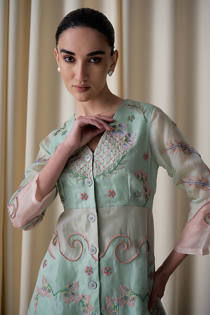 Mint Green Silk Organza Hand Embroidered A-Line Vacation Dress by Love Kiki at Pernia's Pop Up Shop