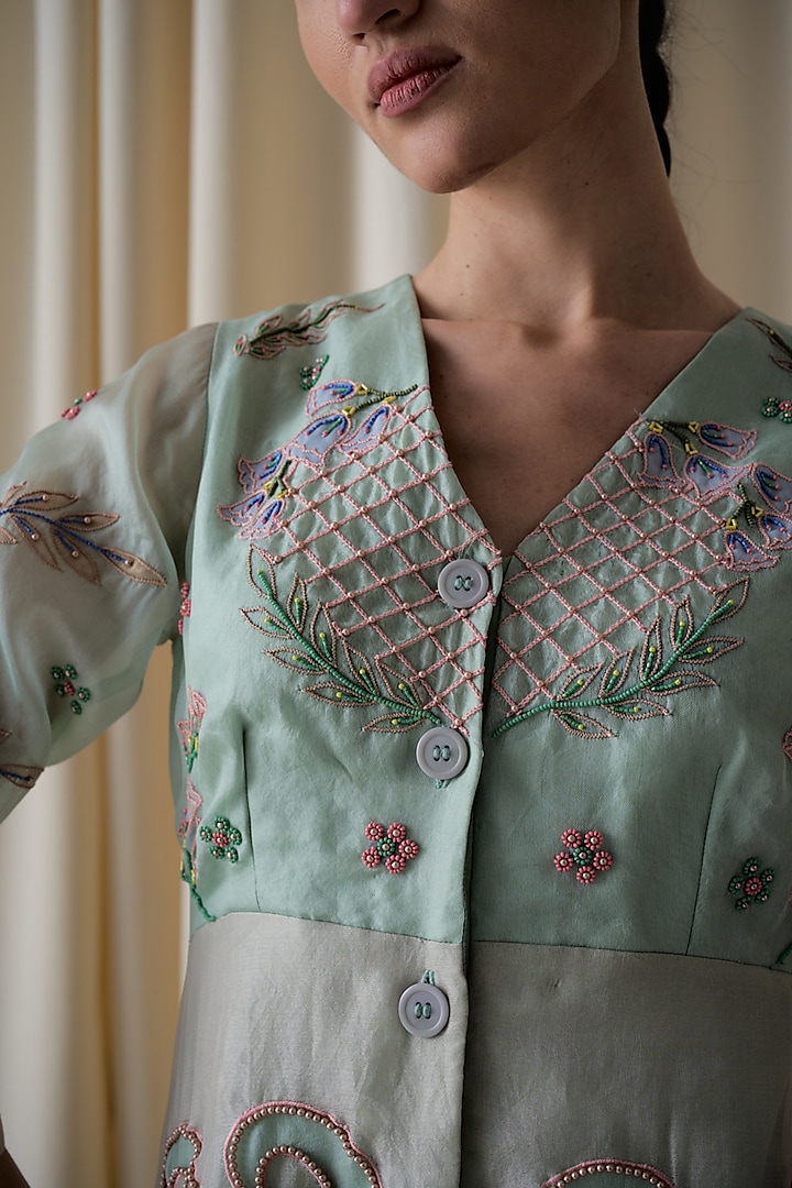 Mint Green Silk Organza Hand Embroidered A-Line Vacation Dress by Love Kiki at Pernia's Pop Up Shop