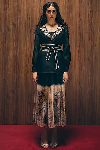 Black Silk Organza Floral Embroidered Jacket Set by Love Kiki