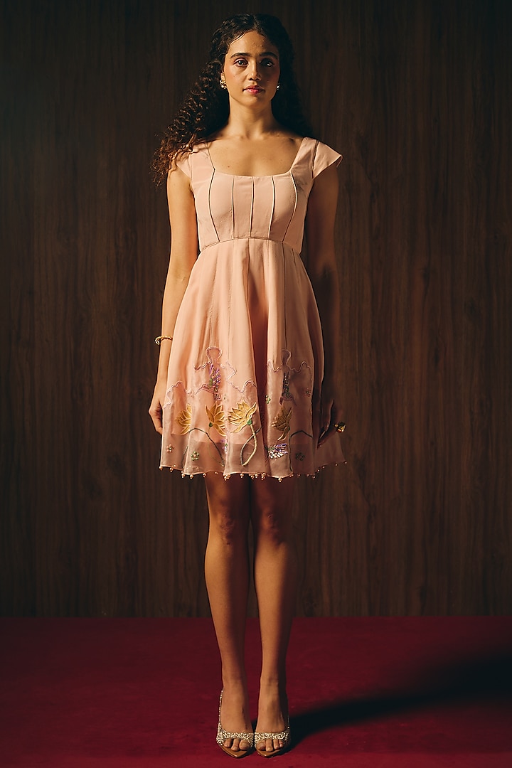 Pink Crepe & Silk Organza Floral Embroidered Mini Vacation Dress by Love Kiki at Pernia's Pop Up Shop