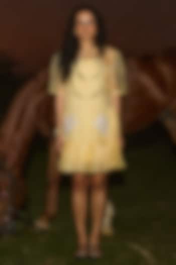 Yellow Crepe & Organza Floral Vacation Dress by Love Kiki at Pernia's Pop Up Shop