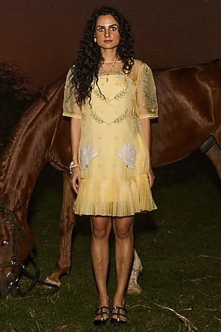 Yellow Crepe & Organza Floral Dress by Love Kiki