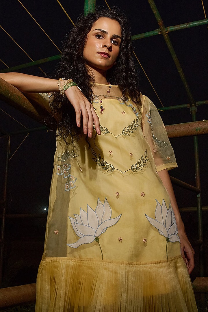 Yellow Crepe & Organza Floral Vacation Dress by Love Kiki at Pernia's Pop Up Shop