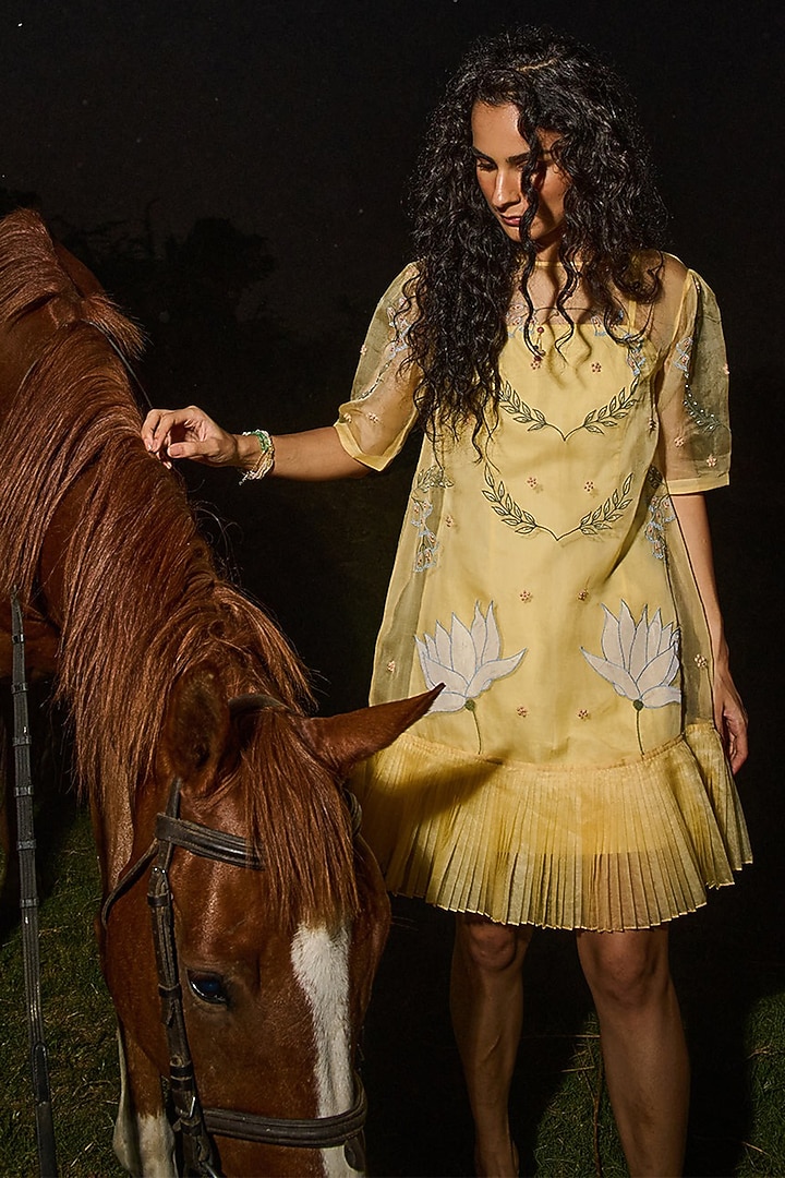 Yellow Crepe & Organza Floral Vacation Dress by Love Kiki at Pernia's Pop Up Shop
