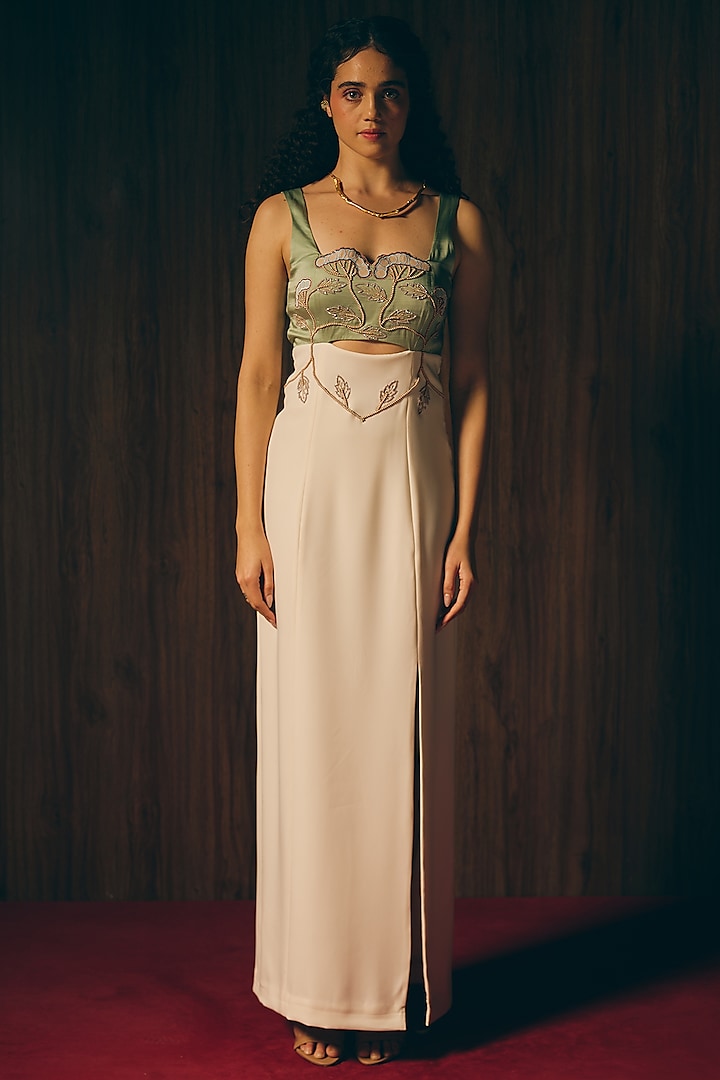 Ivory & Sage Green Premium Crepe Hand Embroidered Party Wear Gown by Love Kiki at Pernia's Pop Up Shop