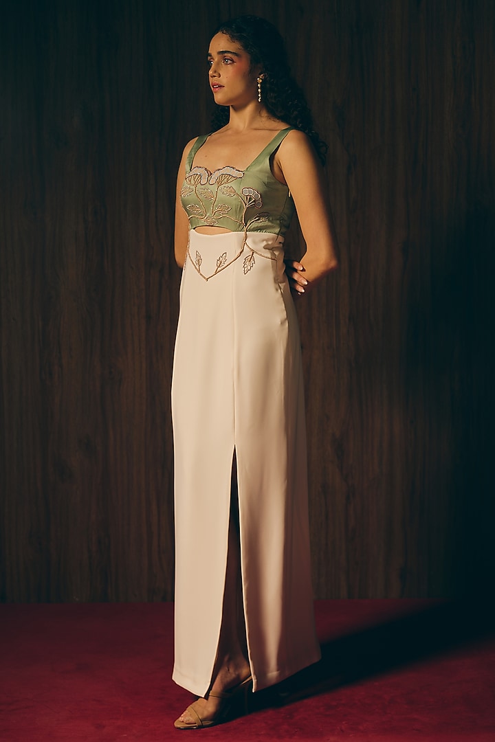 Ivory & Sage Green Premium Crepe Hand Embroidered Party Wear Gown by Love Kiki at Pernia's Pop Up Shop