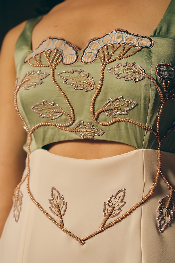 Ivory & Sage Green Premium Crepe Hand Embroidered Party Wear Gown by Love Kiki at Pernia's Pop Up Shop