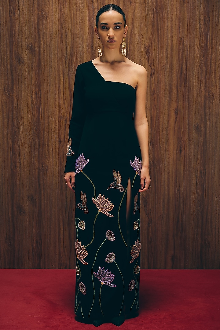 Black Premium Crepe Hand & Machine Embroidered Vacation Dress by Love Kiki at Pernia's Pop Up Shop