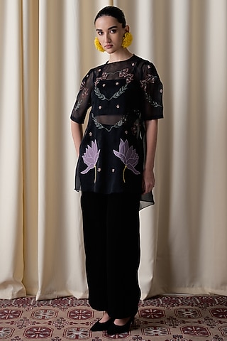 Black Silk Organza Embroidered Top by Love Kiki