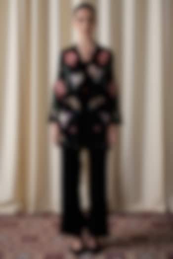 Black Satin Organza Hand Embroidered Jacket Set by Love Kiki at Pernia's Pop Up Shop