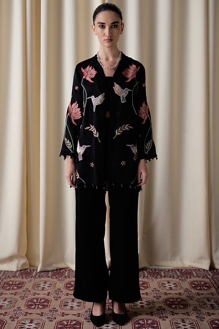 Black Satin Organza Hand Embroidered Jacket Set by Love Kiki at Pernia's Pop Up Shop