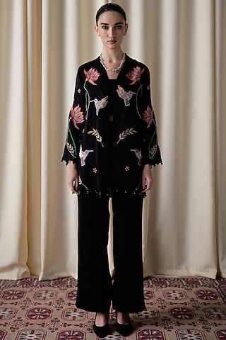 Black Satin Organza Hand Embroidered Jacket Set by Love Kiki