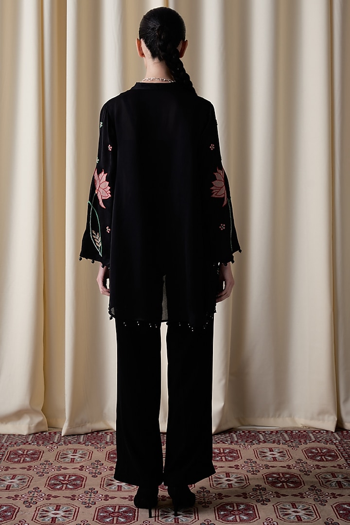 Black Satin Organza Hand Embroidered Jacket Set by Love Kiki at Pernia's Pop Up Shop
