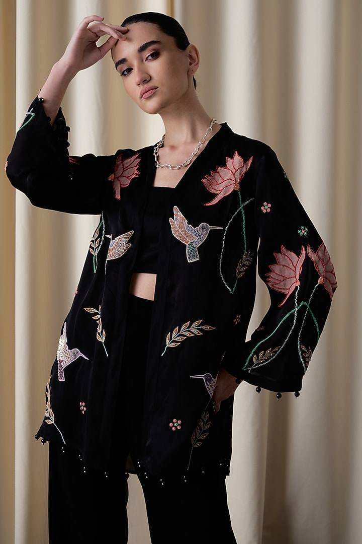 Black Satin Organza Hand Embroidered Jacket Set by Love Kiki at Pernia's Pop Up Shop
