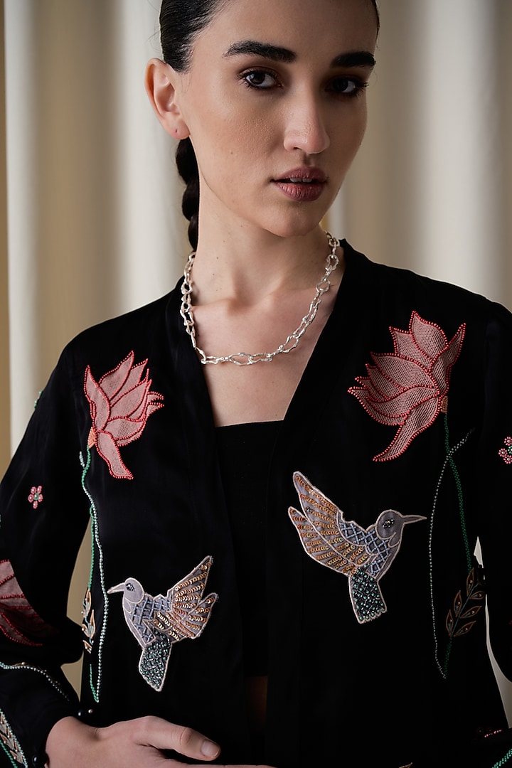 Black Satin Organza Hand Embroidered Jacket Set by Love Kiki at Pernia's Pop Up Shop
