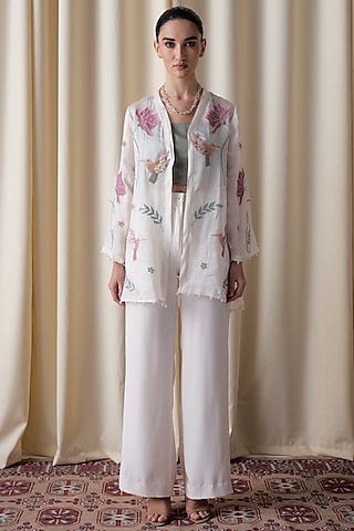 Ivory Satin Organza Hand Embroidered Sheer Jacket Set by Love Kiki