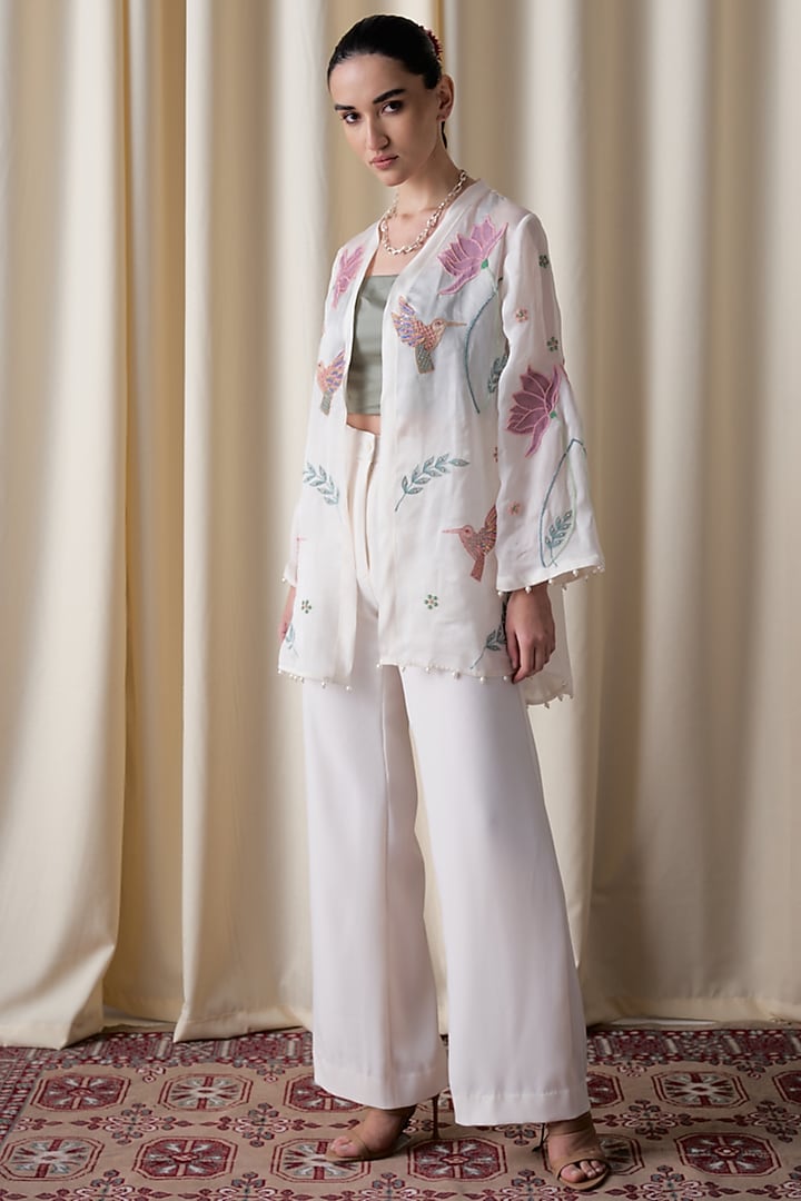 Ivory Satin Organza Hand Embroidered Sheer Jacket Set by Love Kiki at Pernia's Pop Up Shop