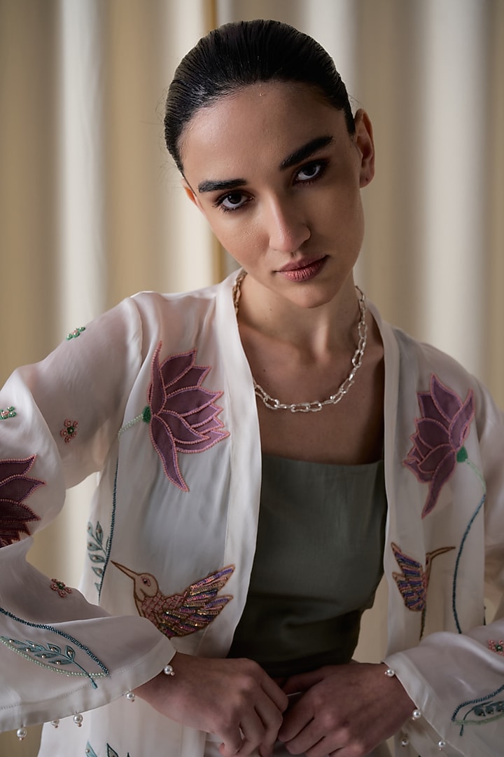 Ivory Satin Organza Hand Embroidered Sheer Jacket Set by Love Kiki at Pernia's Pop Up Shop