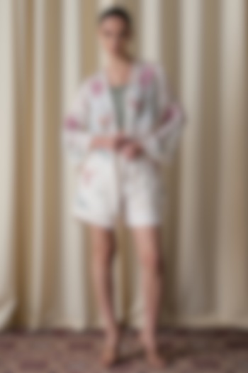 Ivory Satin Organza Hand & Machine Embroidered Jacket Set by Love Kiki at Pernia's Pop Up Shop