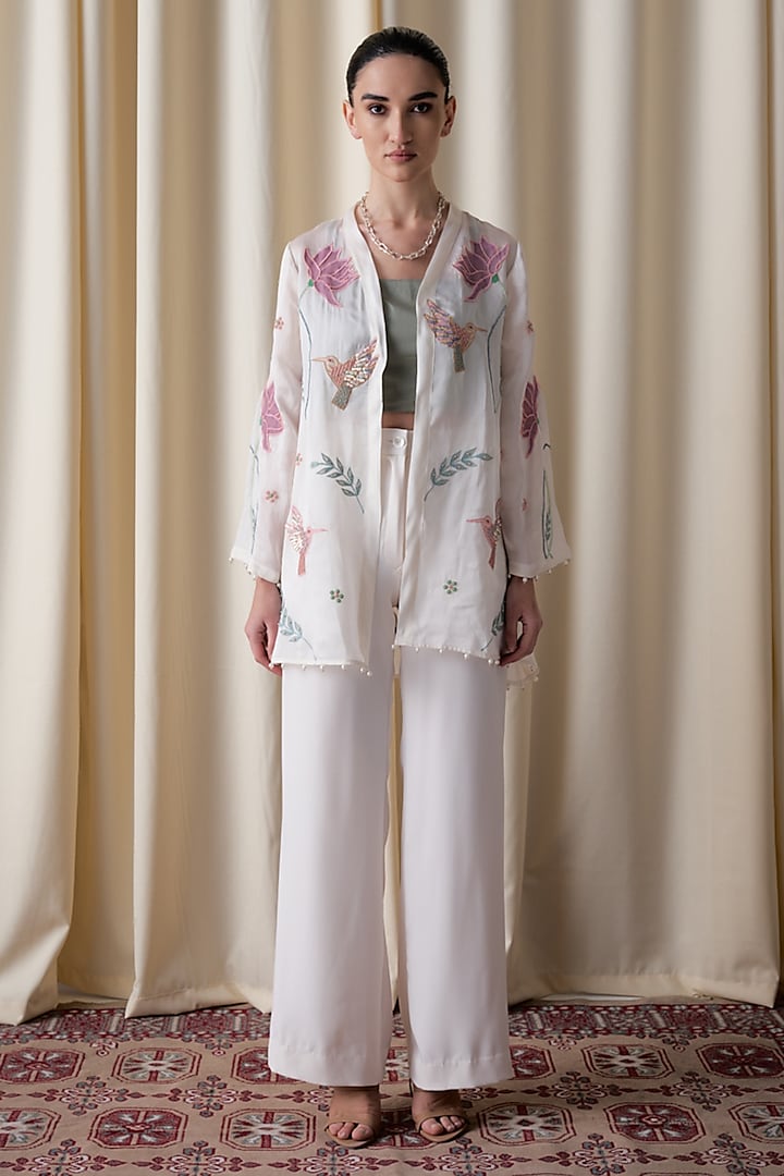 Ivory Satin Organza Hand Embroidered Jacket by Love Kiki at Pernia's Pop Up Shop