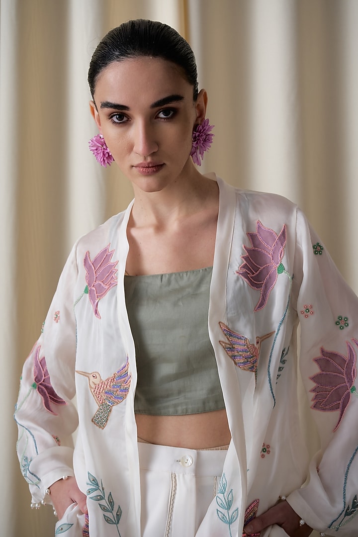 Ivory Satin Organza Hand Embroidered Jacket by Love Kiki at Pernia's Pop Up Shop