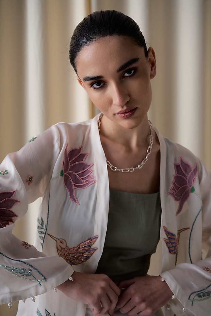 Ivory Satin Organza Hand Embroidered Jacket by Love Kiki at Pernia's Pop Up Shop