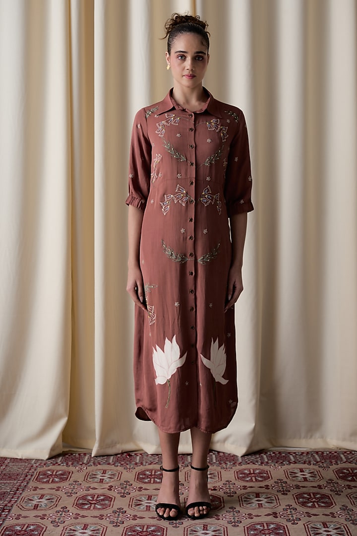 Earthy Brown Georgette Floral Embroidered Shirt Summer Dress by Love Kiki at Pernia's Pop Up Shop