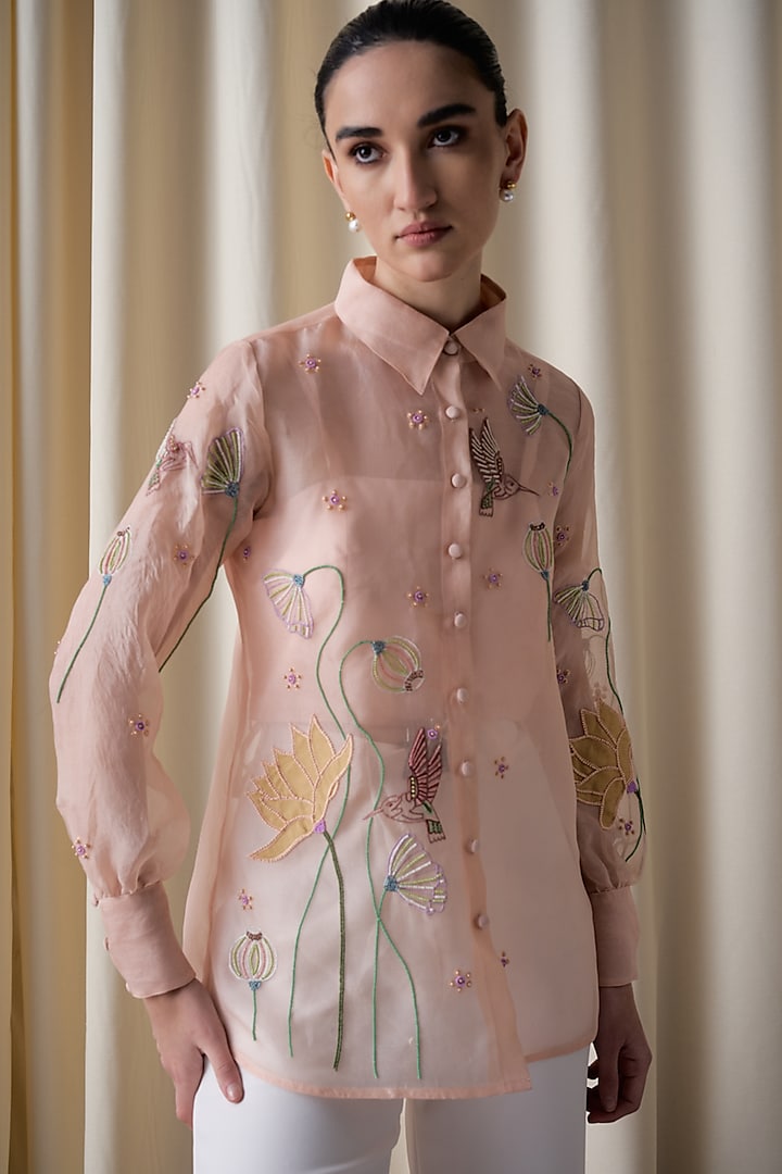 Peach Silk Organza Thread Work Shirt by Love Kiki at Pernia's Pop Up Shop