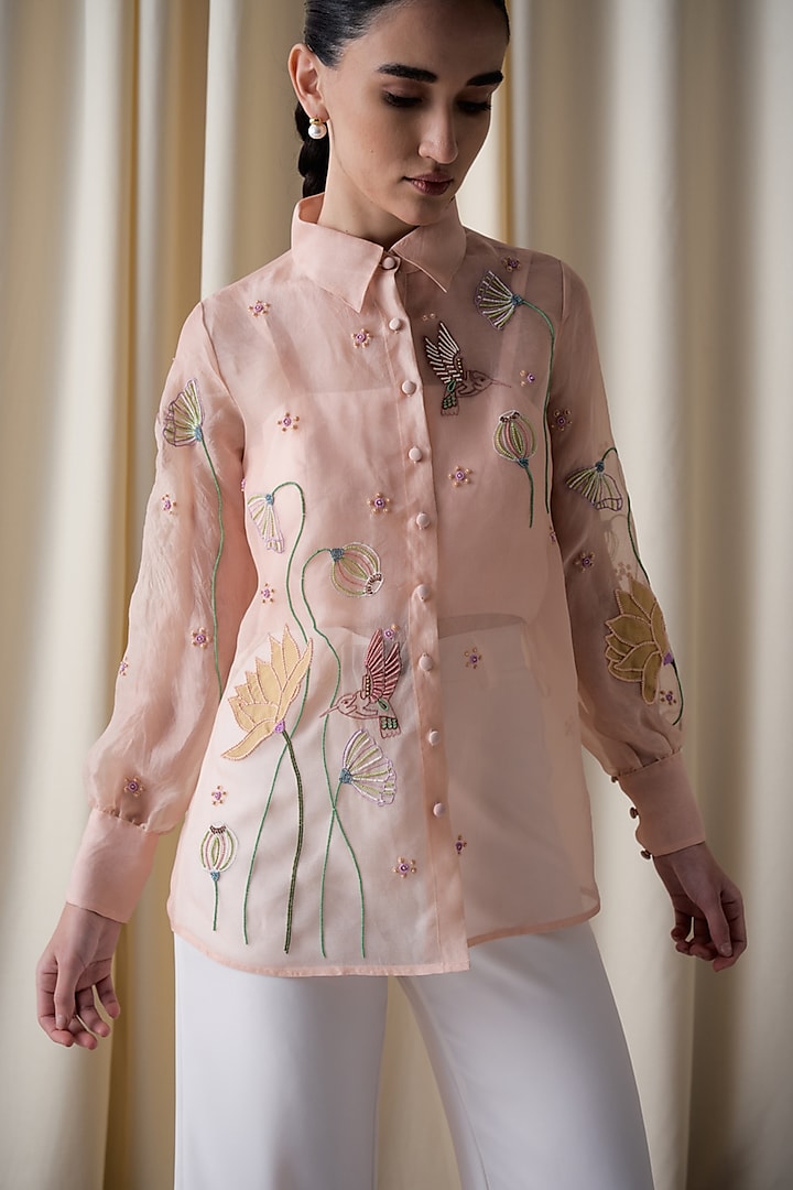 Peach Silk Organza Thread Work Shirt by Love Kiki at Pernia's Pop Up Shop