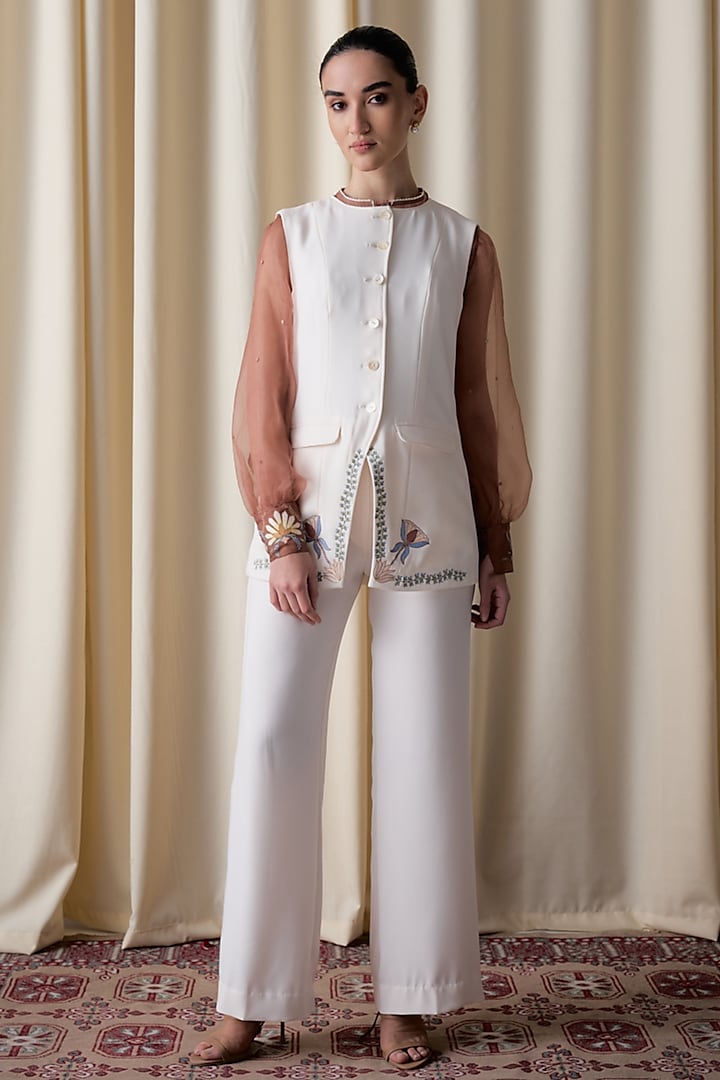 Ivory Premium Crepe Machine Embroidered Jacket Set by Love Kiki at Pernia's Pop Up Shop