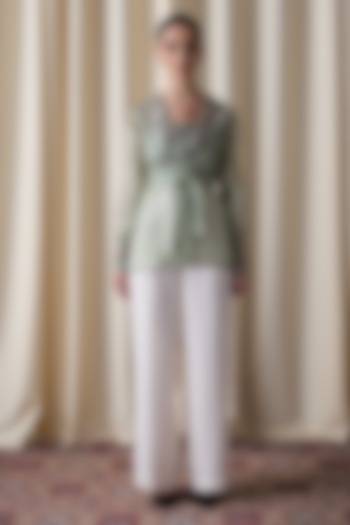 Green Silk Organza Hand Embroidered Jacket Set by Love Kiki at Pernia's Pop Up Shop