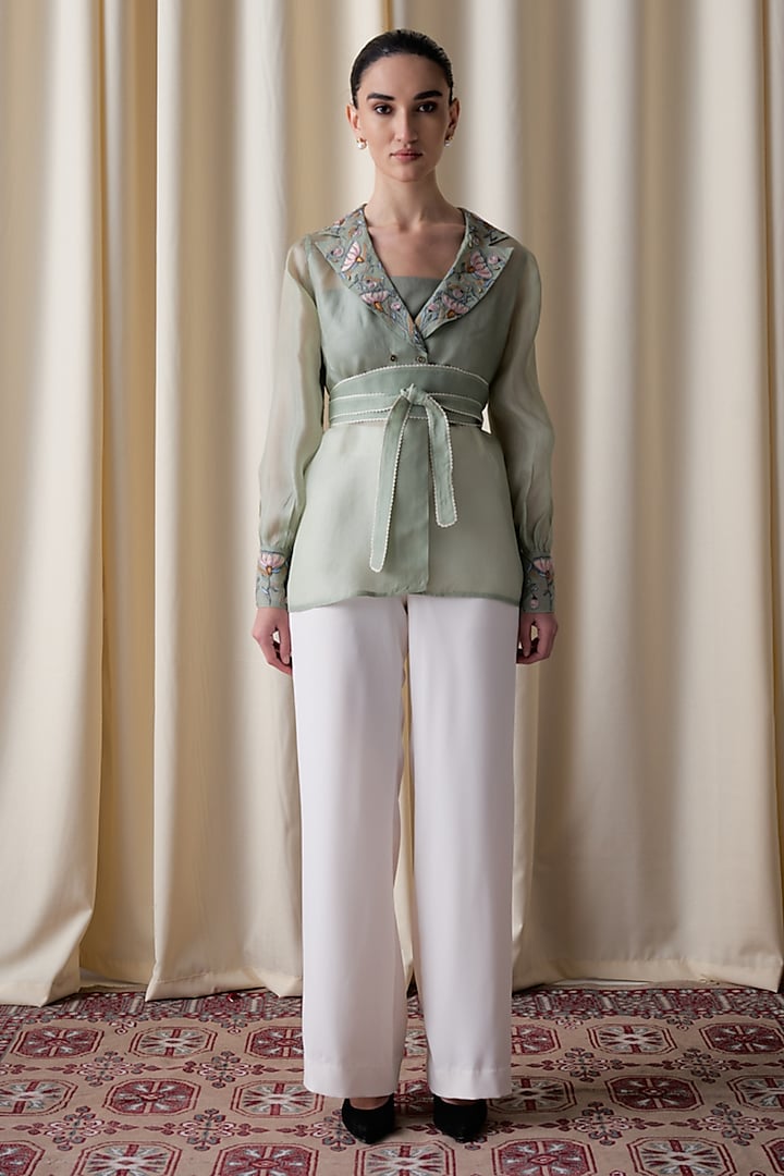 Green Silk Organza Hand Embroidered Jacket Set by Love Kiki at Pernia's Pop Up Shop