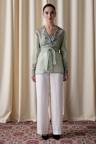 Green Silk Organza Hand Embroidered Jacket Set by Love Kiki