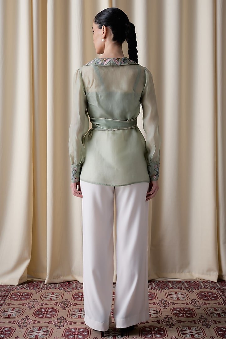 Green Silk Organza Hand Embroidered Jacket Set by Love Kiki at Pernia's Pop Up Shop