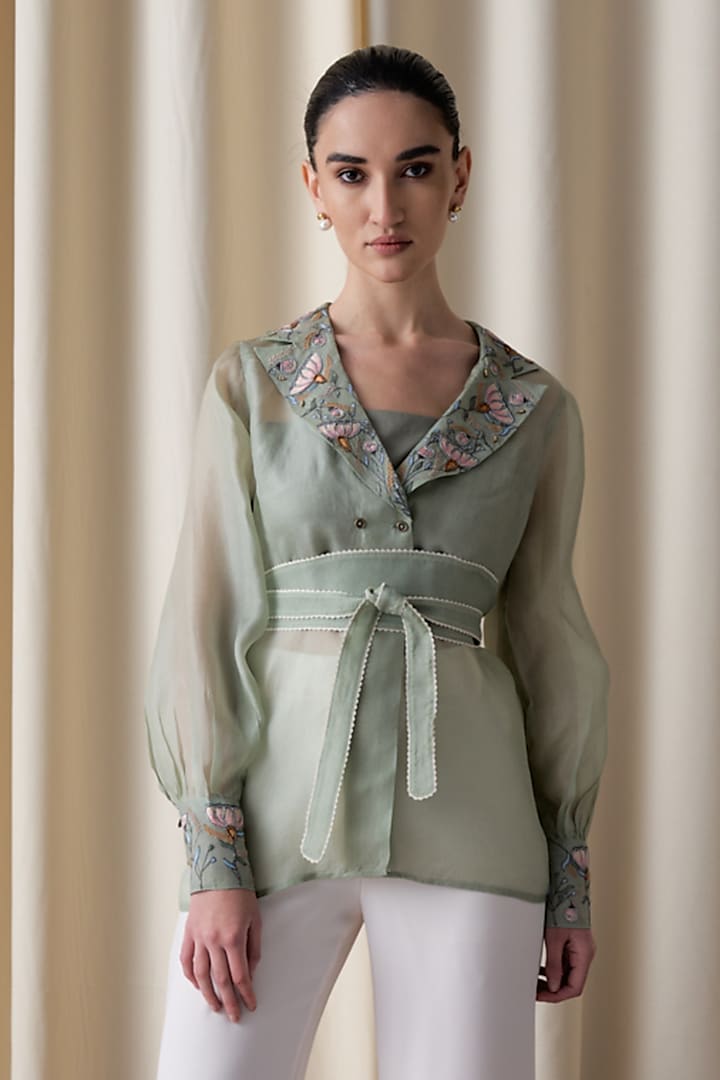 Green Silk Organza Hand Embroidered Jacket Set by Love Kiki at Pernia's Pop Up Shop