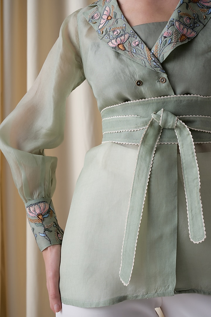 Green Silk Organza Hand Embroidered Jacket Set by Love Kiki at Pernia's Pop Up Shop