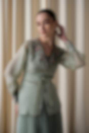 Green Silk Organza Floral Embroidered Jacket by Love Kiki at Pernia's Pop Up Shop