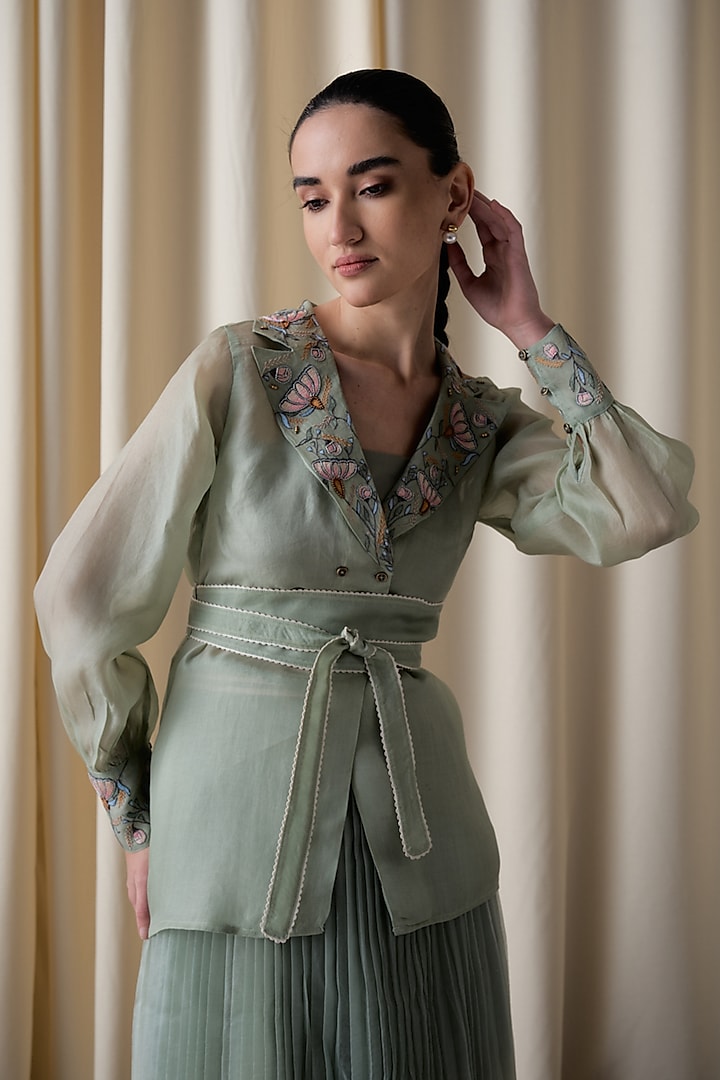 Green Silk Organza Floral Embroidered Jacket by Love Kiki at Pernia's Pop Up Shop