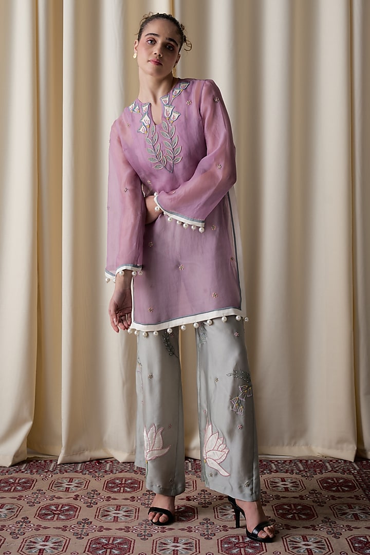 Lilac Silk Organza Floral Embroidered Tunic Set by Love Kiki at Pernia's Pop Up Shop